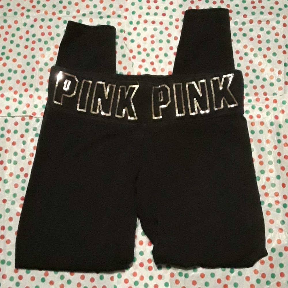 PINK Victoria's Secret Black Leggings with Gold Logo Waistband